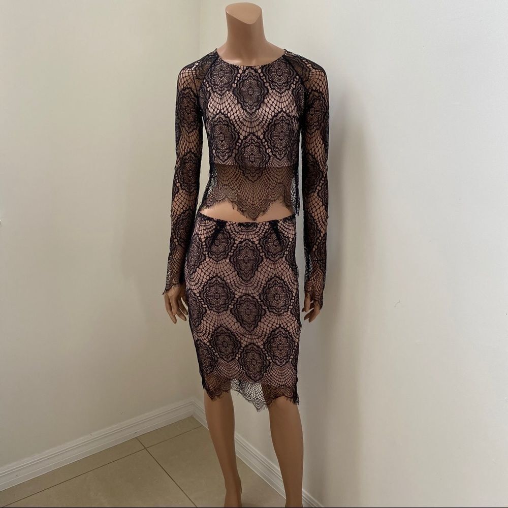 Olivaceous black nude lace overlay skirt top set S